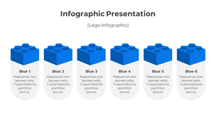 Horizontal layout of six blue lego like blocks with text descriptions underneath on a white background.