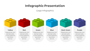 Lego infographic with six colorful blocks in yellow, red, green, blue, dark green, and purple with captions below each.