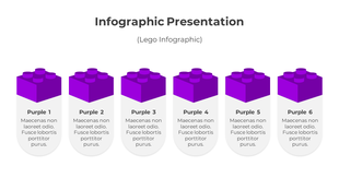 Infographic PPT slide showcasing six Lego blocks labeled Purple 1 through 6, each with placeholder text beneath.