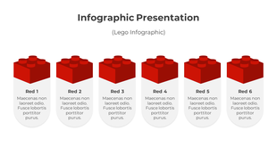 Infographic showing six identical red Lego blocks in a row, each labeled Red 1 to Red 6 with captions.