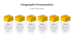 Infographic with six yellow lego block shapes, each labeled with text below, displayed in a linear arrangement.