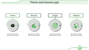 Four labeled boxes linked with green icons inside circular shapes and text areas below.