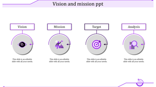 Purple themed vision and mission slide with icons each placed with caption areas in a white backdrop.