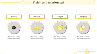 A PPT slide with yellow coded icons for Vision, Mission, Target, and Analysis, each with placeholder text.