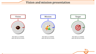 Three central circular icons labeled vision, mission, and target, outlined in red, blue, and green, with text below.