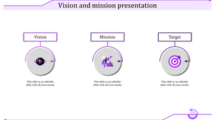 Vision and mission template with purple circular icons placed with caption areas in a white backdrop.