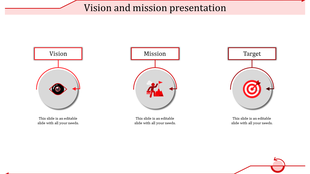 Three circular gray icons with red outlines representing vision, mission, and target, connected to text boxes.