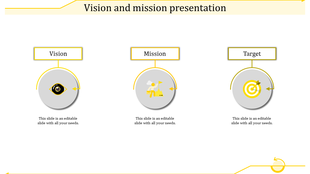 A PPT slide featuring sections for Vision, Mission, and Target, with each section represented by a yellow and gray icon.