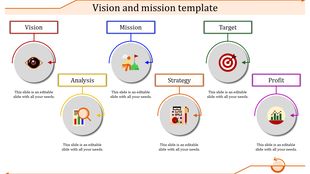 A colorful PPT slide with sections for Vision, Mission, Target, Strategy, and Profit each with an icon with placeholder text.