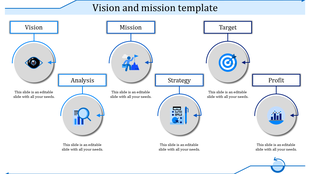 Professional infographic with six blue labeled sections, each featuring business objectives with circular icons and text.