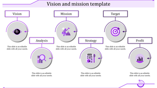 Six-circle layout illustrating vision, mission, target, analysis, strategy, and profit with icons and labels.