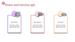 Vision, mission, and goal sections for PowerPoint, each highlighted with related icons and placeholder text.