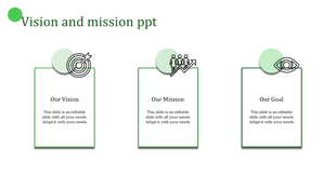 Three green bordered boxes for vision, mission, and goal, each topped with circles and matching icons.