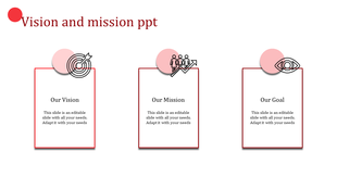 Vision and mission slide with three red bordered text boxes, each paired with a pink circle and relevant icon.