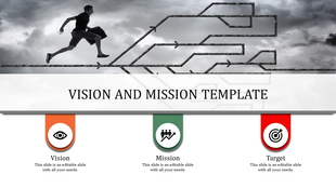 Vision and mission template with a silhouette of a person running on a maze path and three icons below.