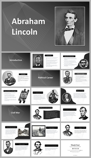 Black and white portrait of Abraham Lincoln on the right, with his name displayed in bold text on the left.