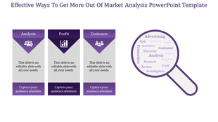 Three gray rectangles with purple headers and footers, alongside a magnifying glass filled with text.