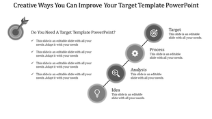 Four step target process with gray circles linked diagonally, labeled Idea to Target each with caption areas.