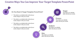 Creative PPT slide with a target showing four stages from Target to Idea with corresponding purple icons and text area.
