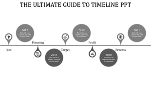 Timeline design with teardrop shaped markers on a black line, highlighting years 2017 to 2021 in gray tones.