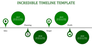 Timeline featuring four green circles and teardrop shapes with icons, arranged along a black line on a white background.