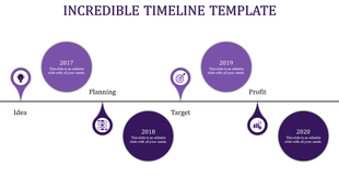 Purple timeline template with key milestones from 2017 to 2020, featuring sections for each year with icons.