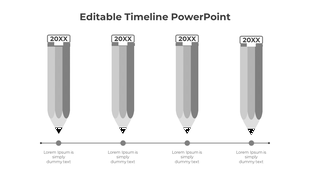 PowerPoint slide showing a grayscale timeline with pencil icons labeled 20XX and placeholder text.