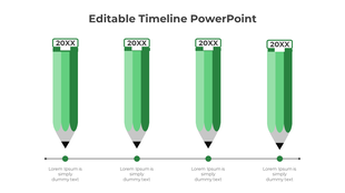 Green pencil themed timeline showing four steps labeled '20XX' with milestones linked by a horizontal line.