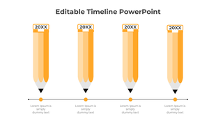Timeline design featuring four orange pencil icons with dates at the top, connected to a horizontal line.
