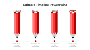 Timeline template with vertical red pencils marking four stages labeled '20XX' along a horizontal path.