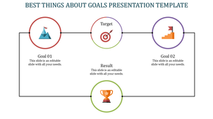 Slide with four circular icons in red, purple, and green, showing goals and results connected by a path.