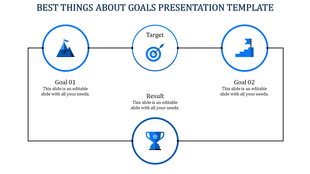 PowerPoint slide showing a blue icon with mountain, target, and trophy icons for goal setting with placeholder text.