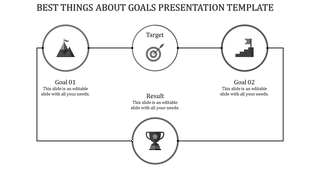 Goal flowchart with icons for achievement stages: mountain, target, stairs, and trophy in circular nodes.