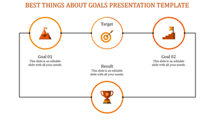 PowerPoint slide showing goal progression with icons representing a mountain, target, and trophy with placeholder text.