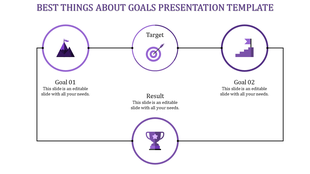 PowerPoint slide showing a purple icon with mountain, target, and trophy icons for goal setting with placeholder text.