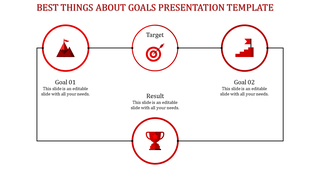 Goal timeline with red circular icons for mountain peak, target, stair steps, and trophy linked in a loop.