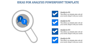 Ideas for analysis template featuring magnifying glass, speech bubbles, and checklist boxes labeled.