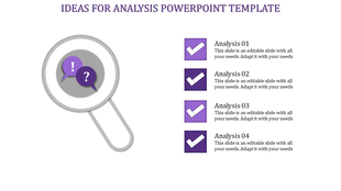 Slide illustrating ideas for an analysis template, highlighted by a magnifying glass and four check-marked sections.