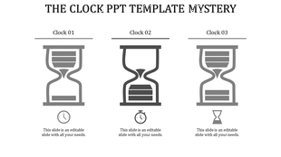 Hourglass timeline template showing three variations with corresponding clock and timer icons underneath.