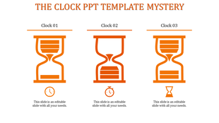PPT template showing three orange clock icons, each representing different time related concepts with placeholder text.