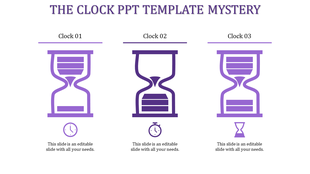 Hourglass timeline template showing three variations with corresponding purple clock and timer icons.