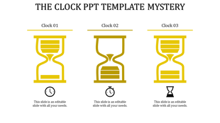 Yellow themed PowerPoint template featuring clock and hourglass icons labeled with captions and placeholder text.