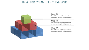 Pyramid chart with three layers blue base, red middle, and green top block labeled for stages in white background. 