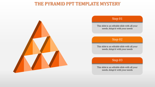Orange pyramid slide with triangular sections and three steps with placeholder text.