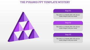 3D gray pyramid of interlocking triangles with corresponding rounded captions for three sequential steps.