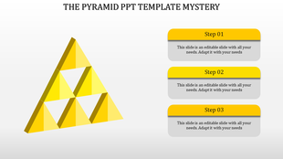 Yellow pyramid with triangular sections and three steps labeled with placeholder text in a PowerPoint slide.