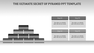 Gray pyramid diagram slide captions for four steps, each labeled with placeholder text.