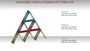 3D pyramid structure with blue, red, and green ribbons linked to Stage 01, Stage 02, and Stage 03.