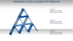 3D metallic pyramid structure with three labeled stages on the side, showcasing a layered hierarchical structure.