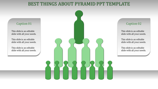 Infographic style slide with a human shaped pyramid hierarchy in shades of green, with two text boxes on the sides.